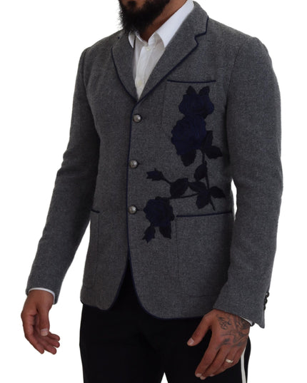 Dolce & Gabbana Gray Wool Roses Slim Fit Jacket Blazer