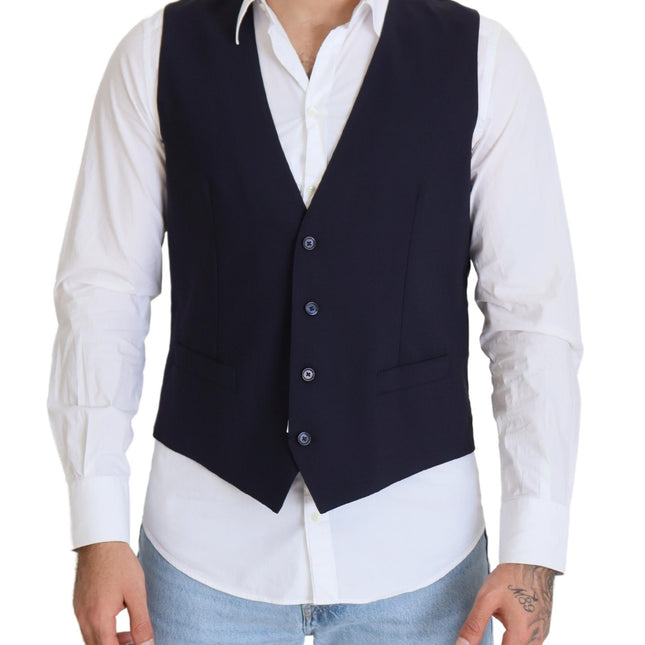 Dolce & Gabbana Dark Blue Wool Stretch Waistcoat Formal Vest