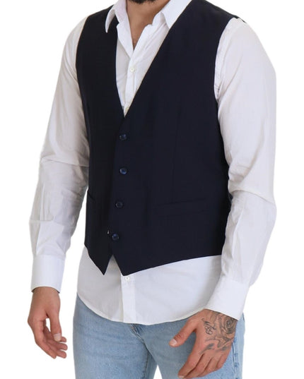 Dolce & Gabbana Dark Blue Wool Stretch Waistcoat Formal Vest