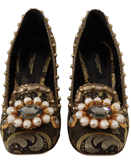 Dolce & Gabbana Gold Crystal Square Toe Brocade Pumps Shoes