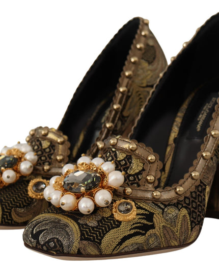 Dolce & Gabbana Gold Crystal Square Toe Brocade Pumps Shoes