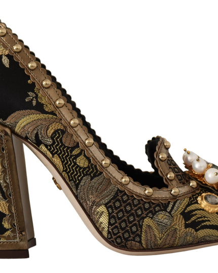Dolce & Gabbana Gold Crystal Square Toe Brocade Pumps Shoes