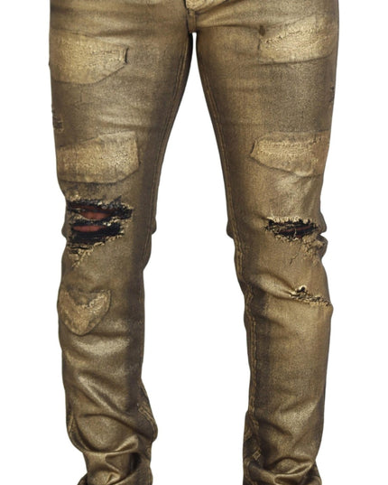 Dolce & Gabbana Gold Cotton Tattered Skinny Men Denim Jeans