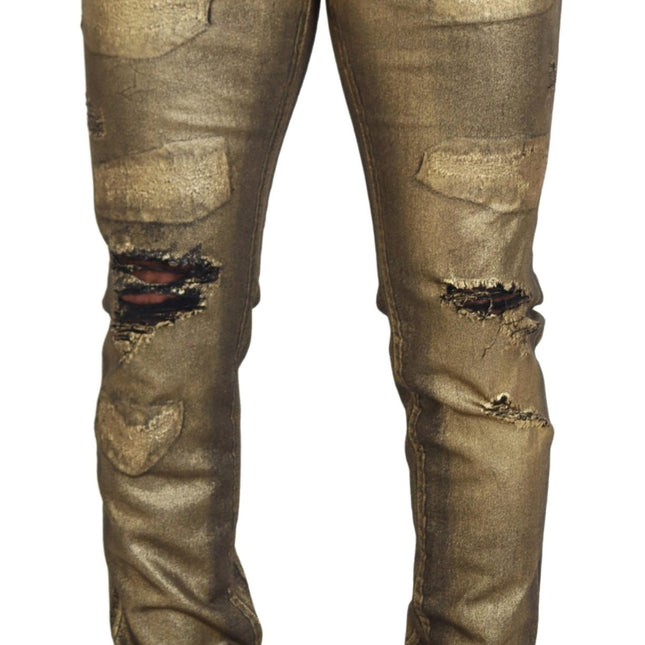 Dolce & Gabbana Gold Cotton Tattered Skinny Men Denim Jeans