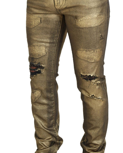Dolce & Gabbana Gold Cotton Tattered Skinny Men Denim Jeans