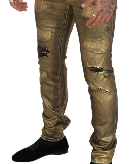 Dolce & Gabbana Gold Cotton Tattered Skinny Men Denim Jeans