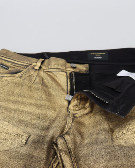 Dolce & Gabbana Gold Cotton Tattered Skinny Men Denim Jeans