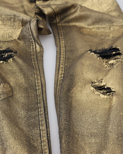 Dolce & Gabbana Gold Cotton Tattered Skinny Men Denim Jeans
