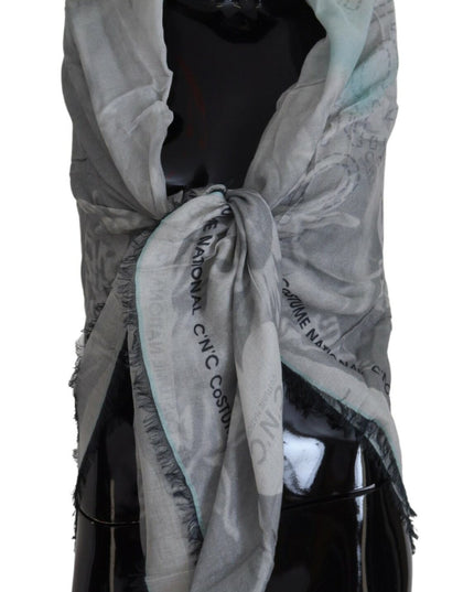 Costume National Gray Print Shawl Foulard Fringes Scarf