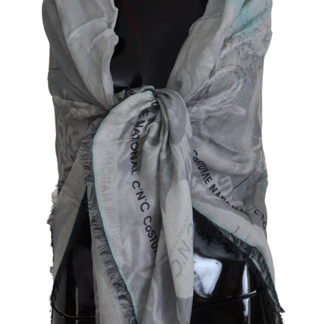Costume National Gray Print Shawl Foulard Fringes Scarf