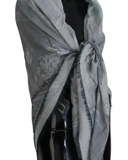 Costume National Gray Print Shawl Foulard Fringes Scarf