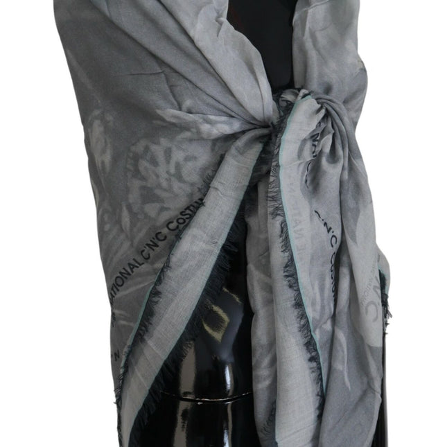 Costume National Gray Print Shawl Foulard Fringes Scarf