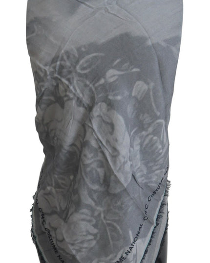 Costume National Gray Print Shawl Foulard Fringes Scarf