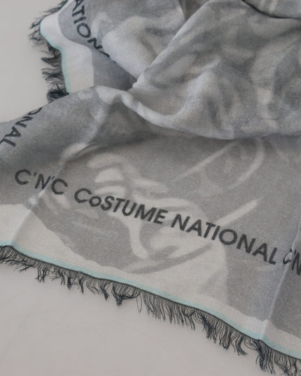 Costume National Gray Print Shawl Foulard Fringes Scarf