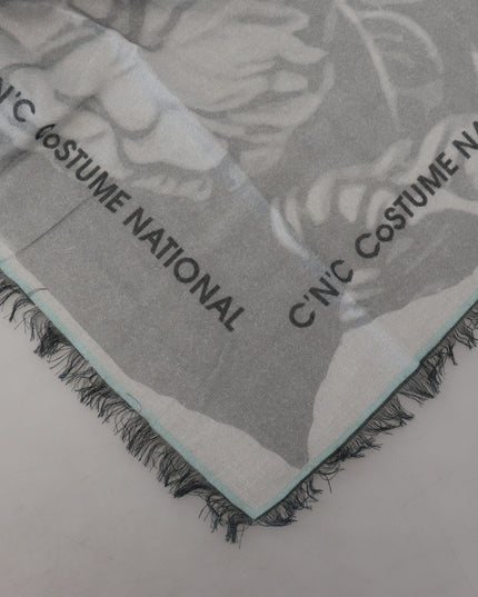 Costume National Gray Print Shawl Foulard Fringes Scarf
