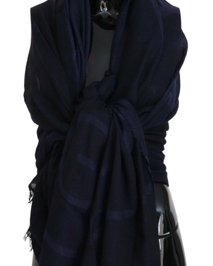 GF Ferre Dark Blue Wool Neck Wrap Shawl Fringes Scarf