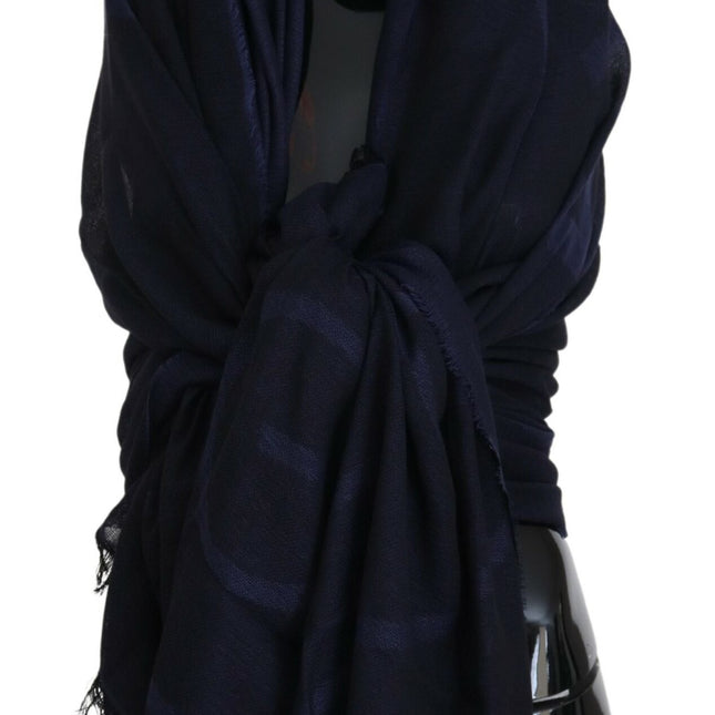 GF Ferre Dark Blue Wool Neck Wrap Shawl Fringes Scarf