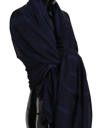 GF Ferre Dark Blue Wool Neck Wrap Shawl Fringes Scarf