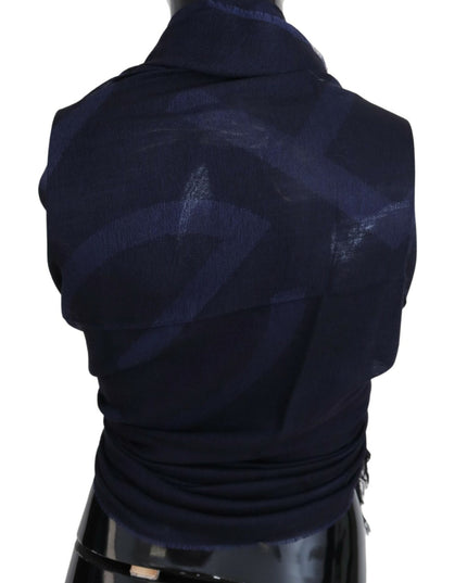 GF Ferre Dark Blue Wool Neck Wrap Shawl Fringes Scarf