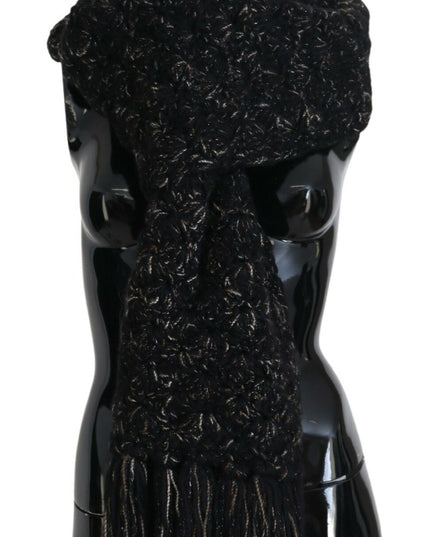 Dolce & Gabbana Black Wool Knitted Wrap Foulard Fringe Scarf