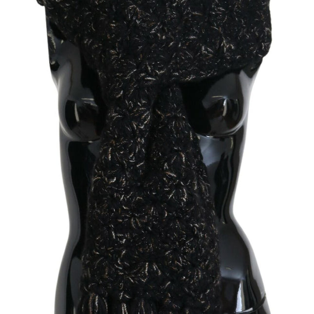 Dolce & Gabbana Black Wool Knitted Wrap Foulard Fringe Scarf