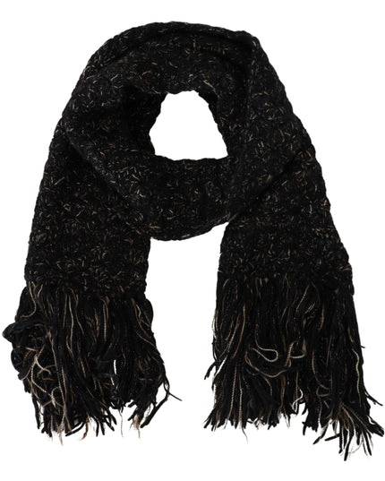 Dolce & Gabbana Black Wool Knitted Wrap Foulard Fringe Scarf