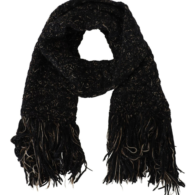 Dolce & Gabbana Black Wool Knitted Wrap Foulard Fringe Scarf