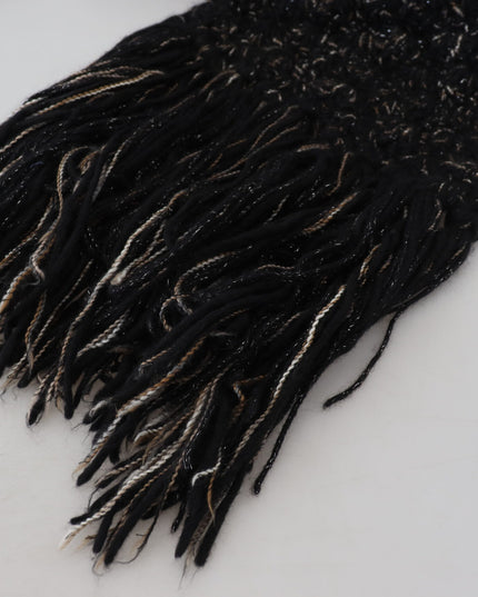 Dolce & Gabbana Black Wool Knitted Wrap Foulard Fringe Scarf