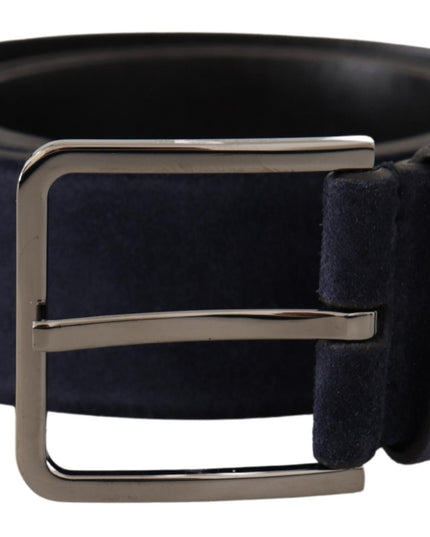 Dolce & Gabbana Navy Blue Velvet Leather Silver Logo Buckle Belt