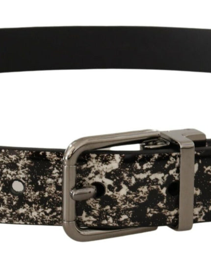 Dolce & Gabbana Black Marble Print Leather Silver Logo Buckle Belt