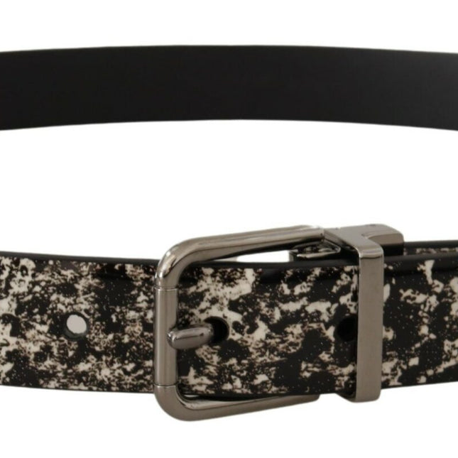 Dolce & Gabbana Black Marble Print Leather Silver Logo Buckle Belt