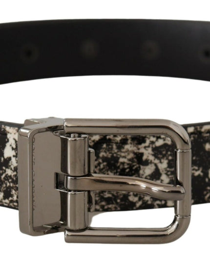 Dolce & Gabbana Black Marble Print Leather Silver Logo Buckle Belt