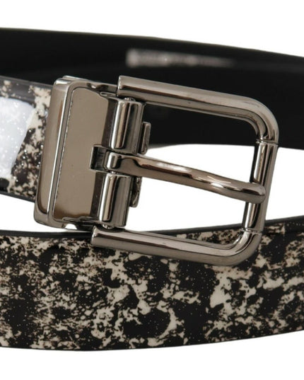 Dolce & Gabbana Black Marble Print Leather Silver Logo Buckle Belt