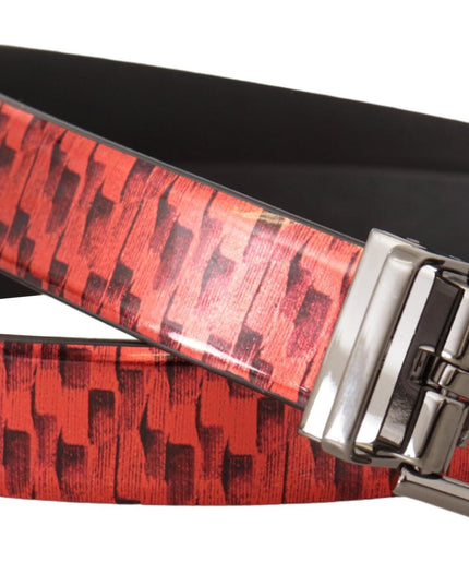 Dolce & Gabbana Red Herringbone Leather Gray Tone Buckle Belt
