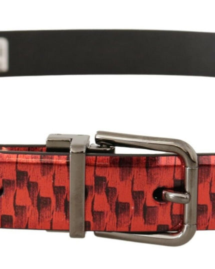 Dolce & Gabbana Red Herringbone Leather Gray Tone Buckle Belt