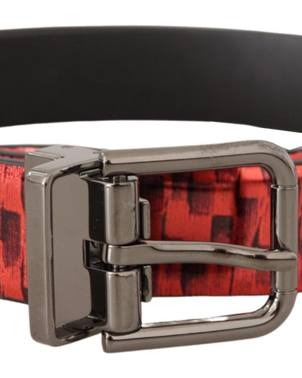 Dolce & Gabbana Red Herringbone Leather Gray Tone Buckle Belt