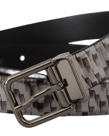 Dolce & Gabbana Gray Herringbone Leather Gray 3D Metal Buckle Belt