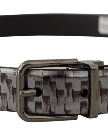 Dolce & Gabbana Gray Herringbone Leather Gray 3D Metal Buckle Belt