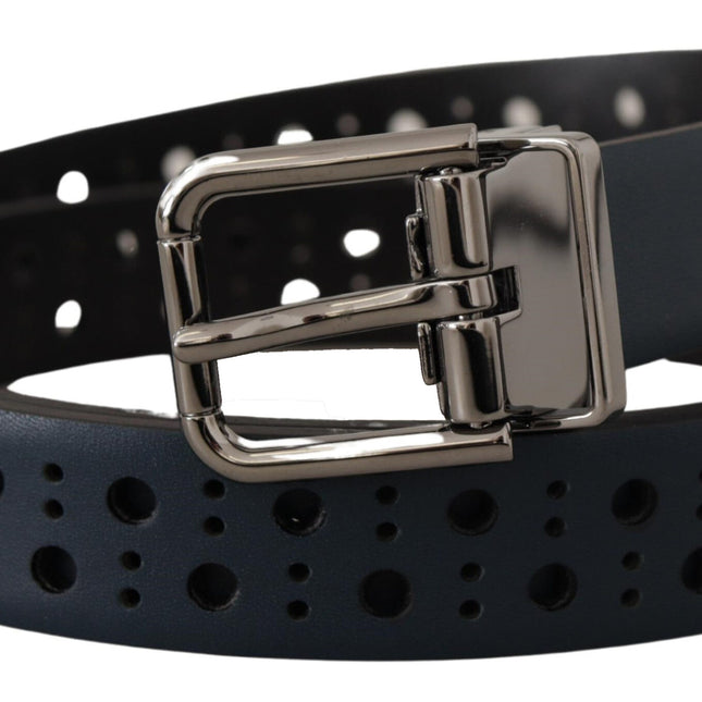 Dolce & Gabbana Navy Blue Perforated Leather Skinny Metal Buckle Belt