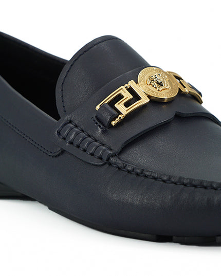 Versace Elegant Navy Blue Calf Leather Loafers