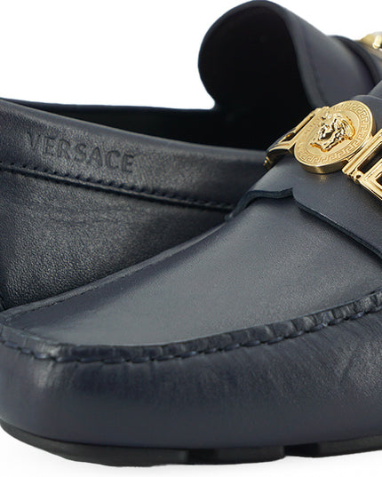 Versace Elegant Navy Blue Calf Leather Loafers