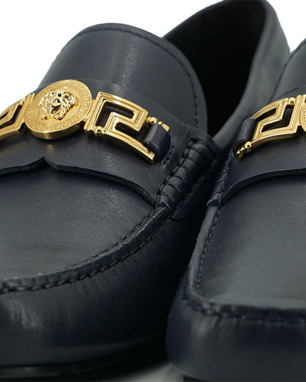 Versace Elegant Navy Blue Calf Leather Loafers