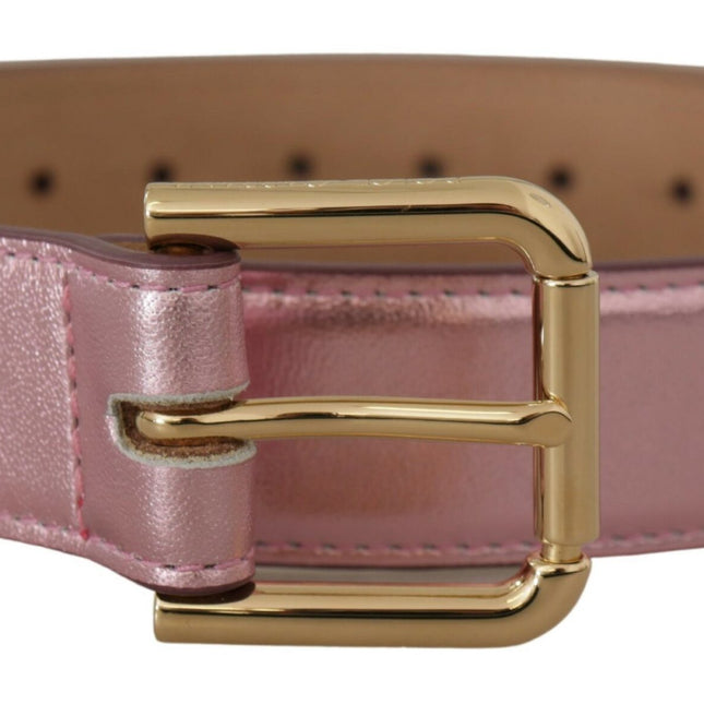 Dolce & Gabbana Metallic Pink Polished Leather Logo Metal Buckle Belt
