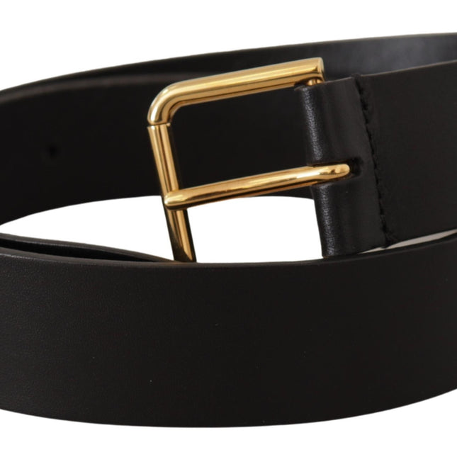 Dolce & Gabbana Black Calf Leather Gold Tone Logo Metal Buckle Belt