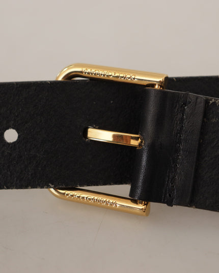 Dolce & Gabbana Black Calf Leather Gold Tone Logo Metal Buckle Belt