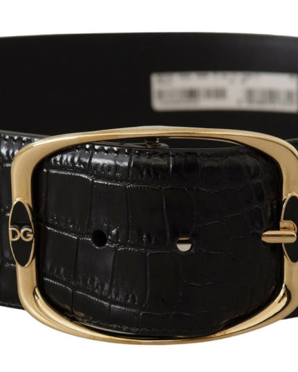 Dolce & Gabbana Black Crocodile Print Gold Metal DG Logo Buckle Belt