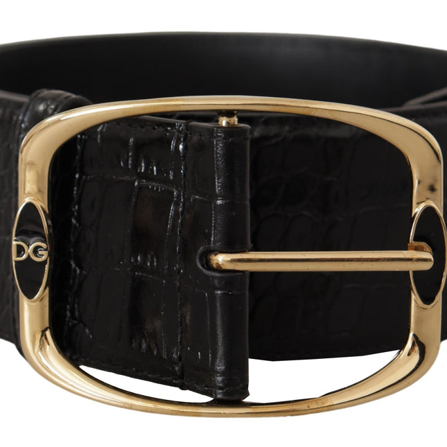 Dolce & Gabbana Black Crocodile Print Gold Metal DG Logo Buckle Belt