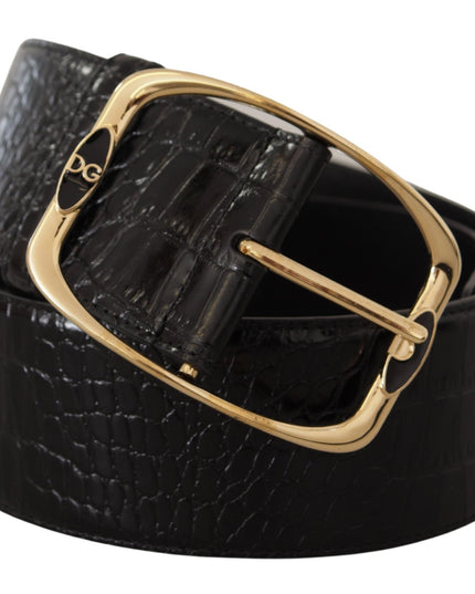 Dolce & Gabbana Black Crocodile Print Gold Metal DG Logo Buckle Belt