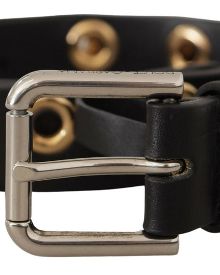 Dolce & Gabbana Black Leather Eyelet Silver Tone Metal Buckle Belt