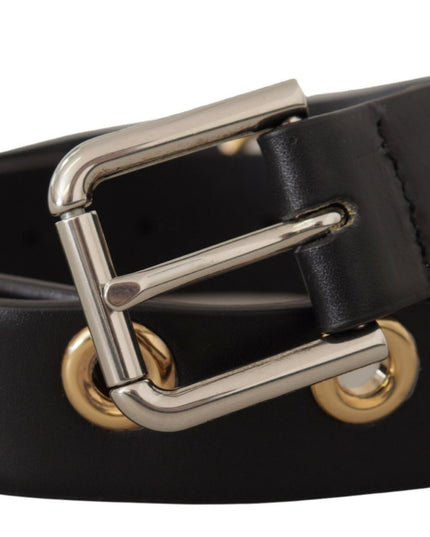 Dolce & Gabbana Black Leather Eyelet Silver Tone Metal Buckle Belt
